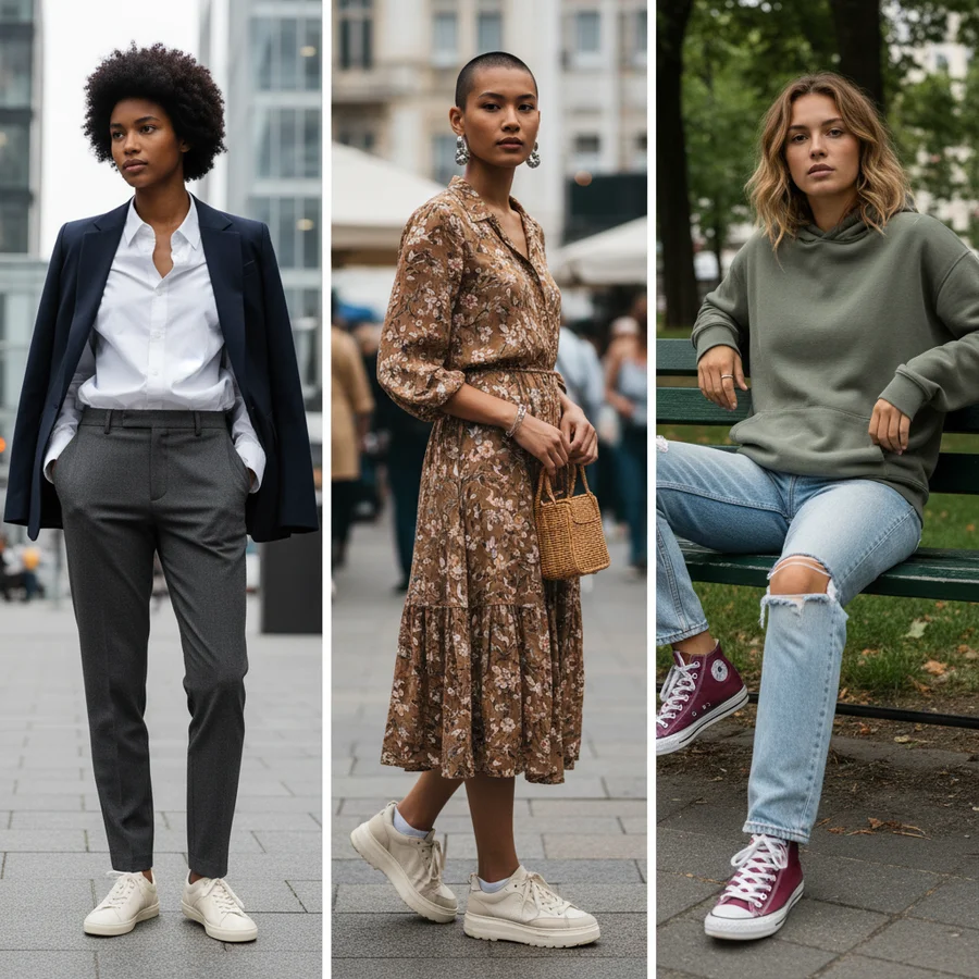 A collage of diverse individuals styling gender-neutral sneakers with different outfits: a dress, tailored trousers, and casual wear.