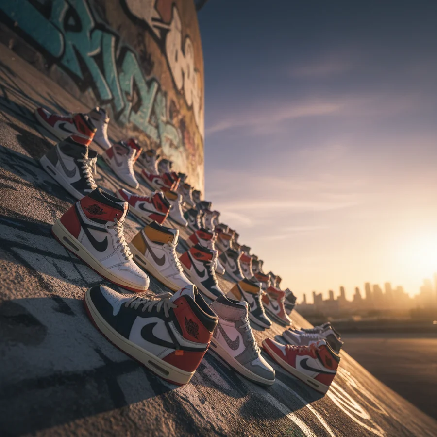 A collection of diverse Air Jordan sneakers, symbolizing its enduring influence and evolution