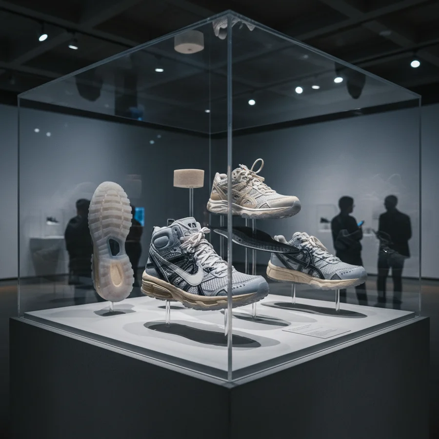A deconstructed sneaker on display, showing its intricate components and materials, emphasizing its industrial design aspect.