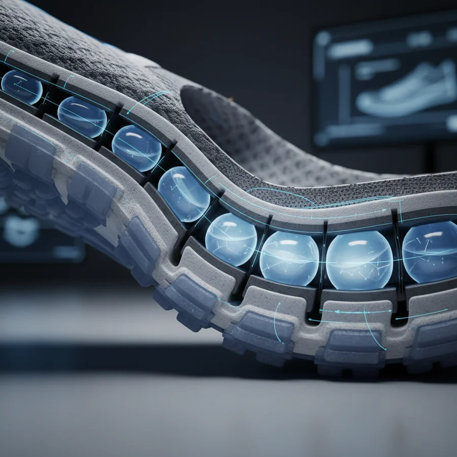 Inside the Air Revolution A detailed cutaway diagram showing the Nike Air cushioning technology embedded within a sneaker sole, highlighting the pressurized air pockets.