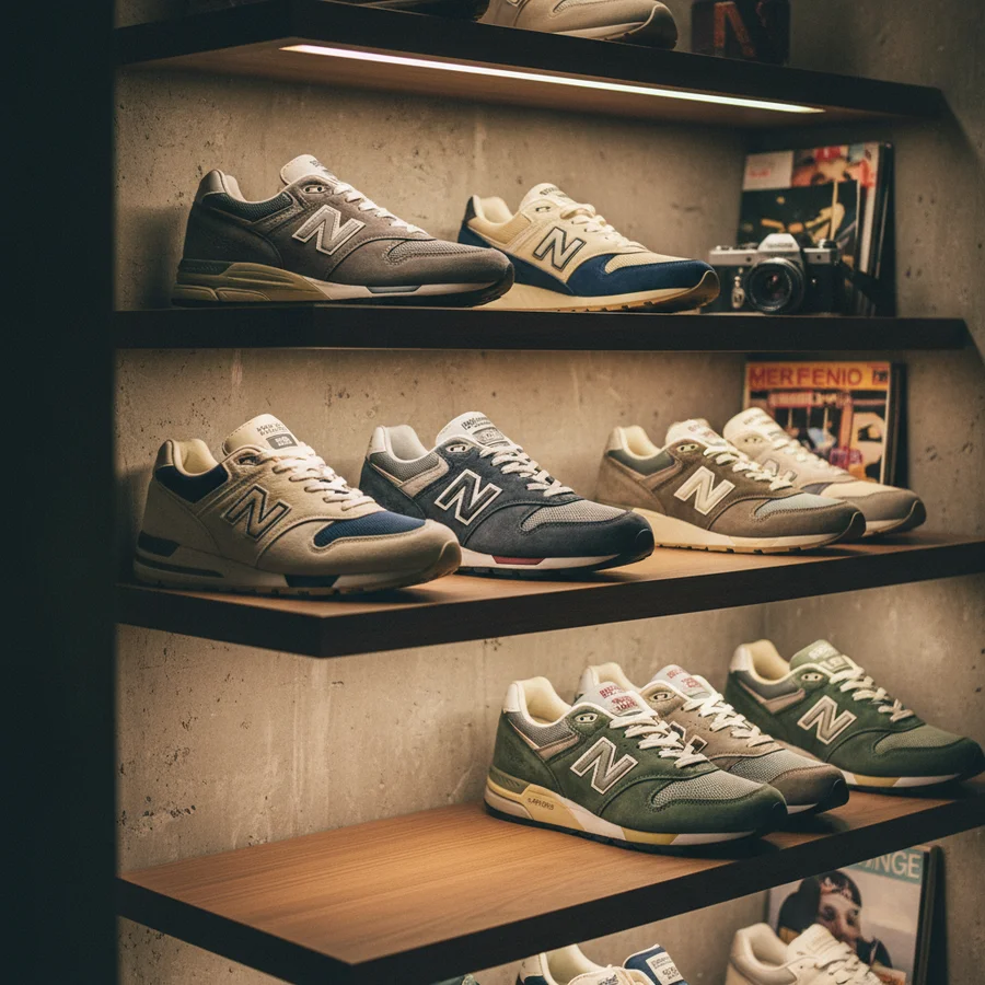 A display of several classic New Balance sneakers in various iconic colorways, appealing to collectors.