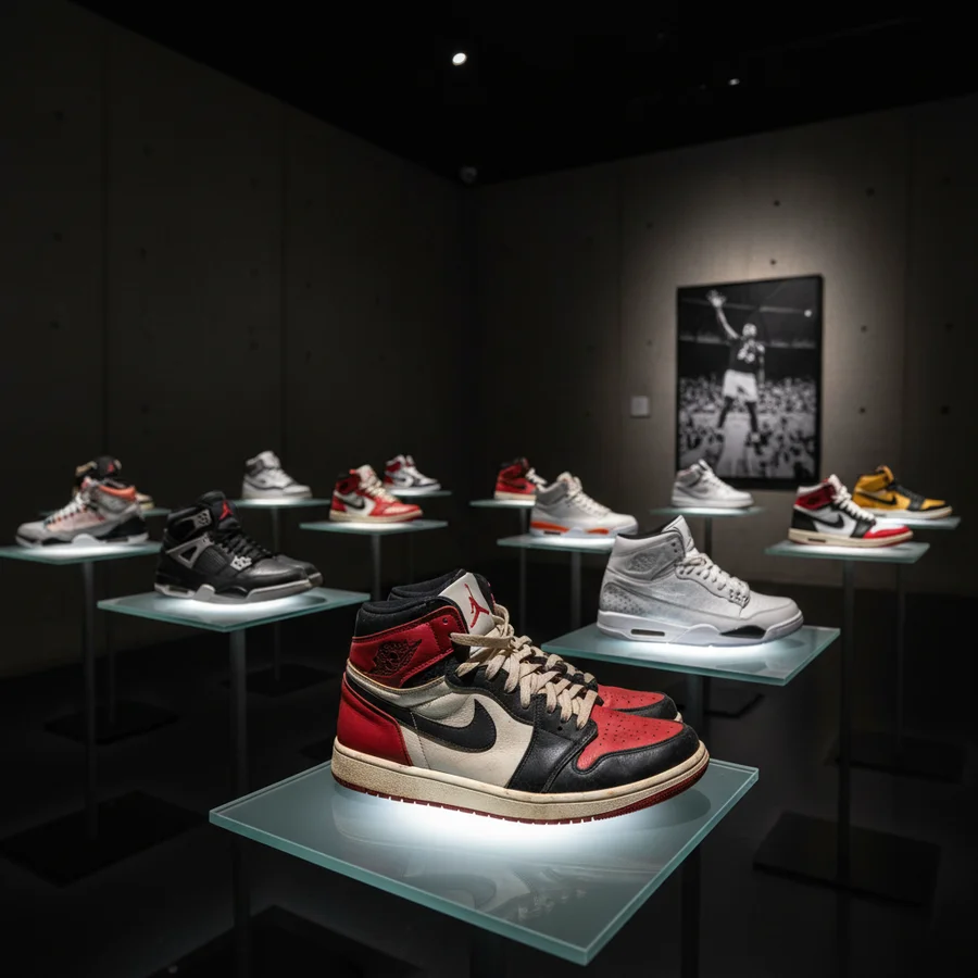 A display of various Air Jordan retro releases.