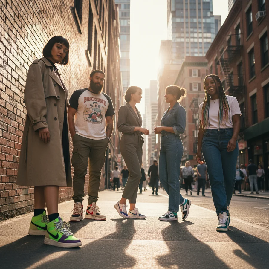 The Sneaker Collecting Issue What We're Obsessed About 2 A diverse group of individuals confidently showcasing various unique and sought-after sneakers on city streets, highlighting self-expression and social status.