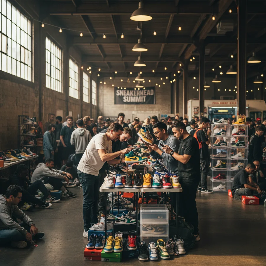 The Sneaker Collecting Issue What We're Obsessed About 4 A dynamic wide shot of a bustling sneaker event, with people engaging in trades, discussions, and showcasing their unique shoes, exemplifying community connection.