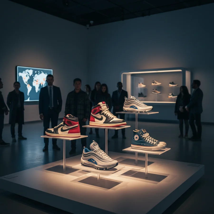 A gallery display of iconic sneakers, highlighted by spotlights, showcasing them as significant cultural artifacts.