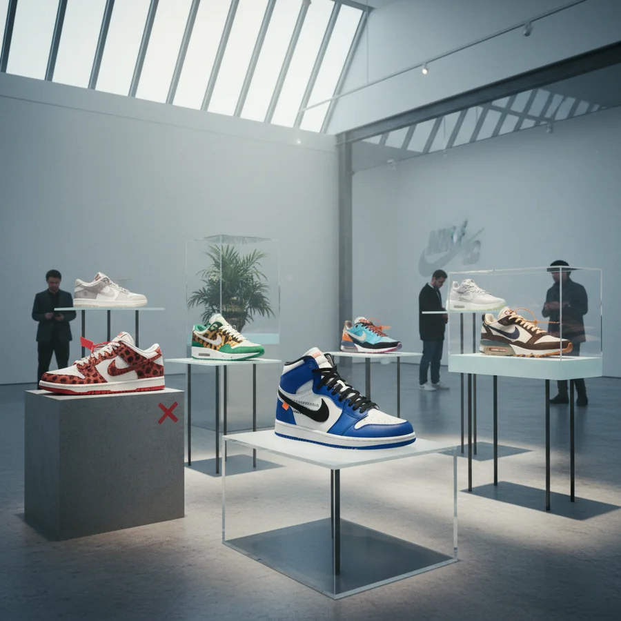 A gallery setting showcasing Nike sneakers as art pieces, with modern design elements
