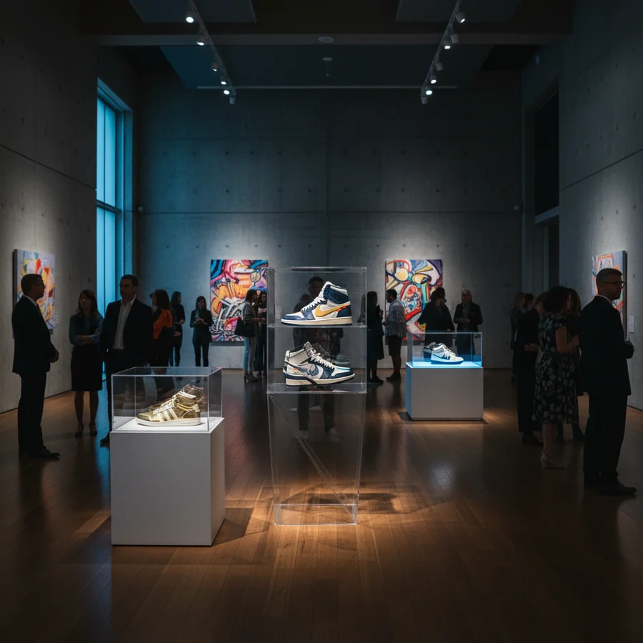 A gallery showing limited edition sneaker collaborations with luxury brands and famous artists, presented as high art installations.