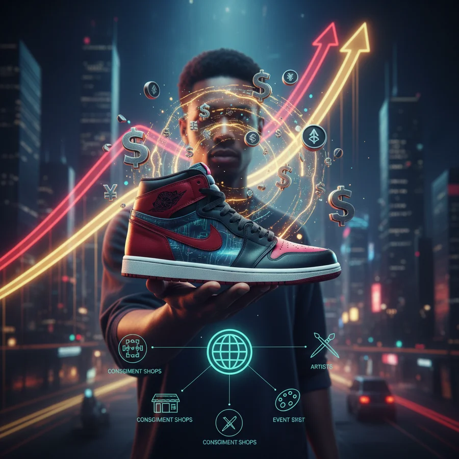 A infographic depicting financial growth curves, a person holding a sneaker, and money symbols, illustrating the economic impact of the sneaker market.