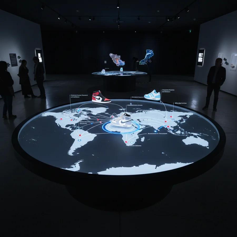 A map highlighting global locations of prominent sneaker museums and exhibitions, with interactive elements.