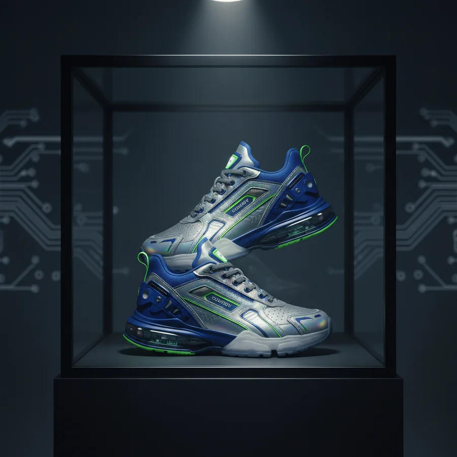 A pair of highly sought-after limited edition sneakers in a display case, symbolizing exclusivity