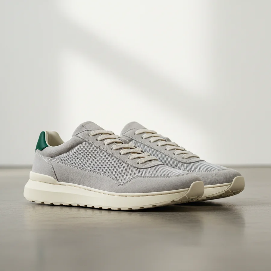 A pair of minimalist, sleek gender-neutral sneakers against a clean background, highlighting their versatile design.