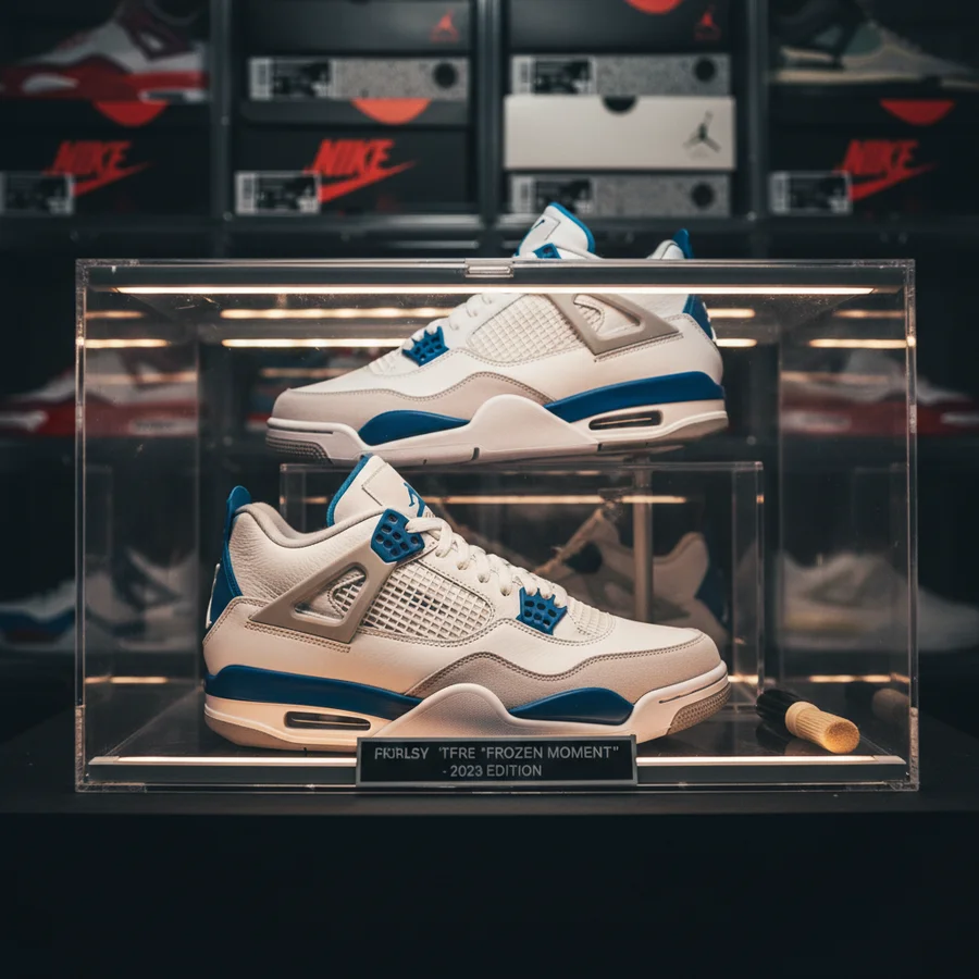 The Sneaker Collecting Issue What We're Obsessed About 3 A pair of pristine, well-maintained sneakers artfully displayed in a protective, illuminated box, emphasizing careful collection management.