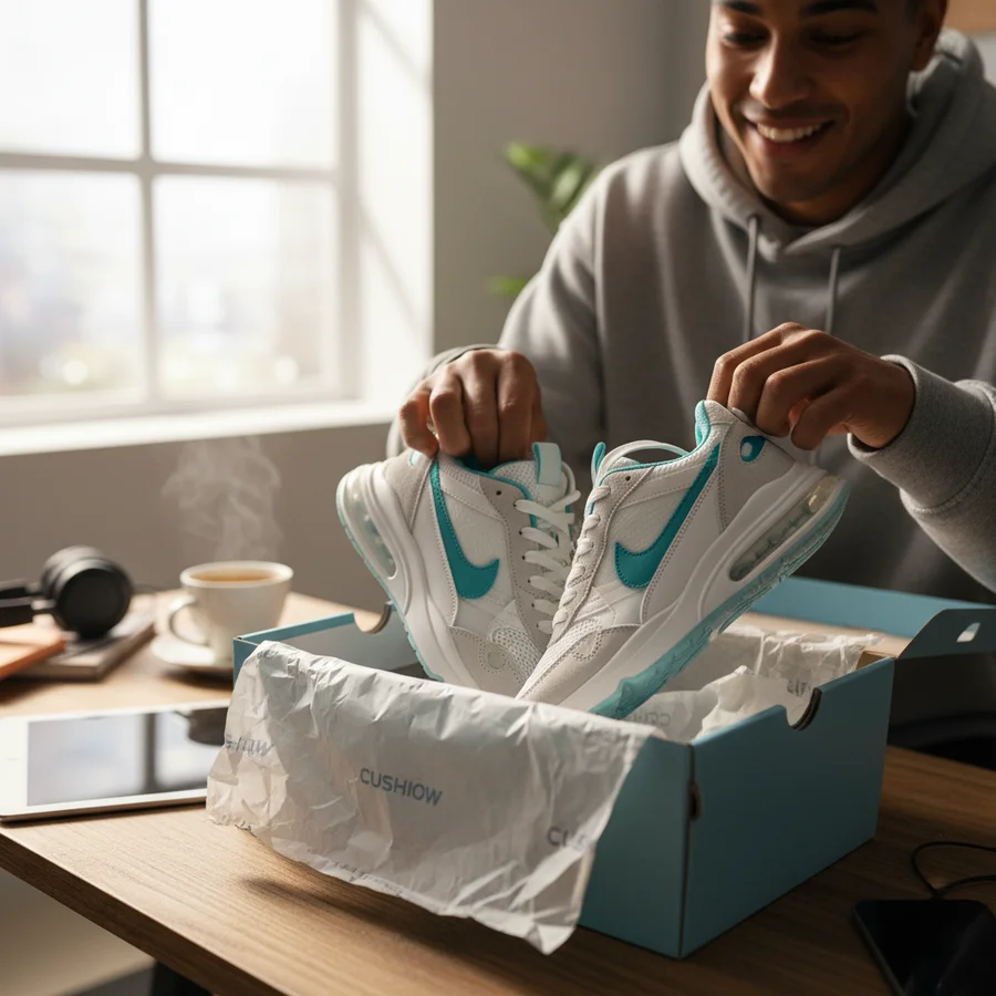 A person happily unboxing a pair of sneakers, conveying a positive shopping experience