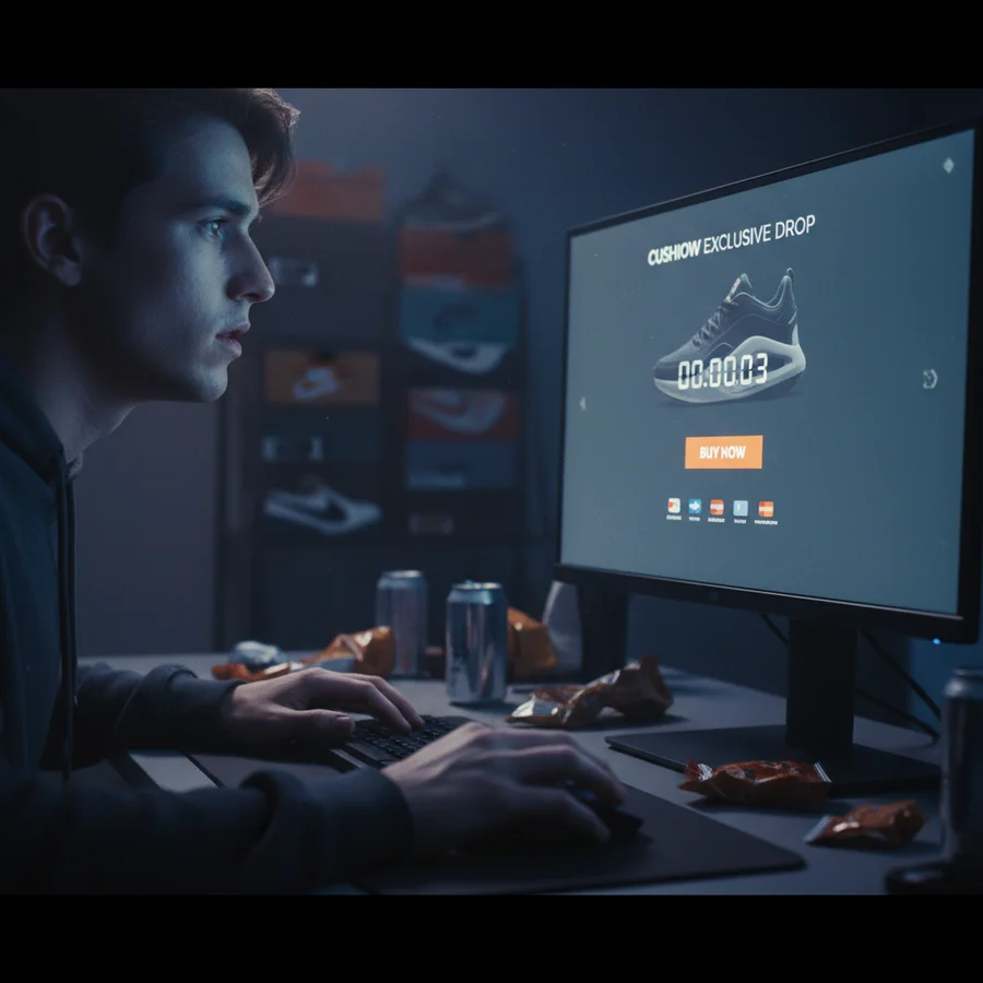 A person looking intensely at a computer screen during an online sneaker release, ready to buy