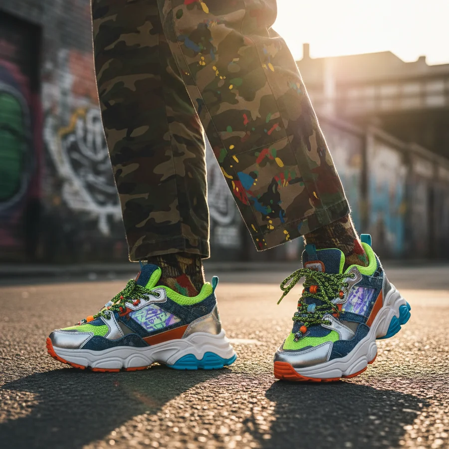 A person wearing uniquely styled gender-neutral sneakers, showcasing personal identity and self-expression.