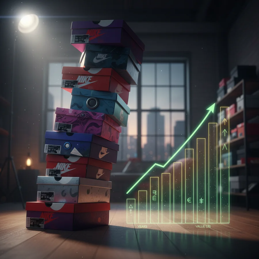 The Sneaker Collecting Issue What We're Obsessed About 5 A stack of sneaker boxes next to a chart showing increasing resale value, symbolizing sneakers as financial assets.