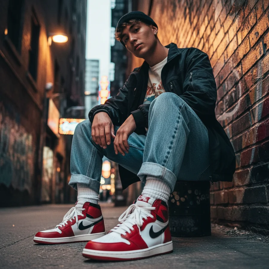 A stylish person wearing Air Jordan 1s as a key element of modern streetwear fashion