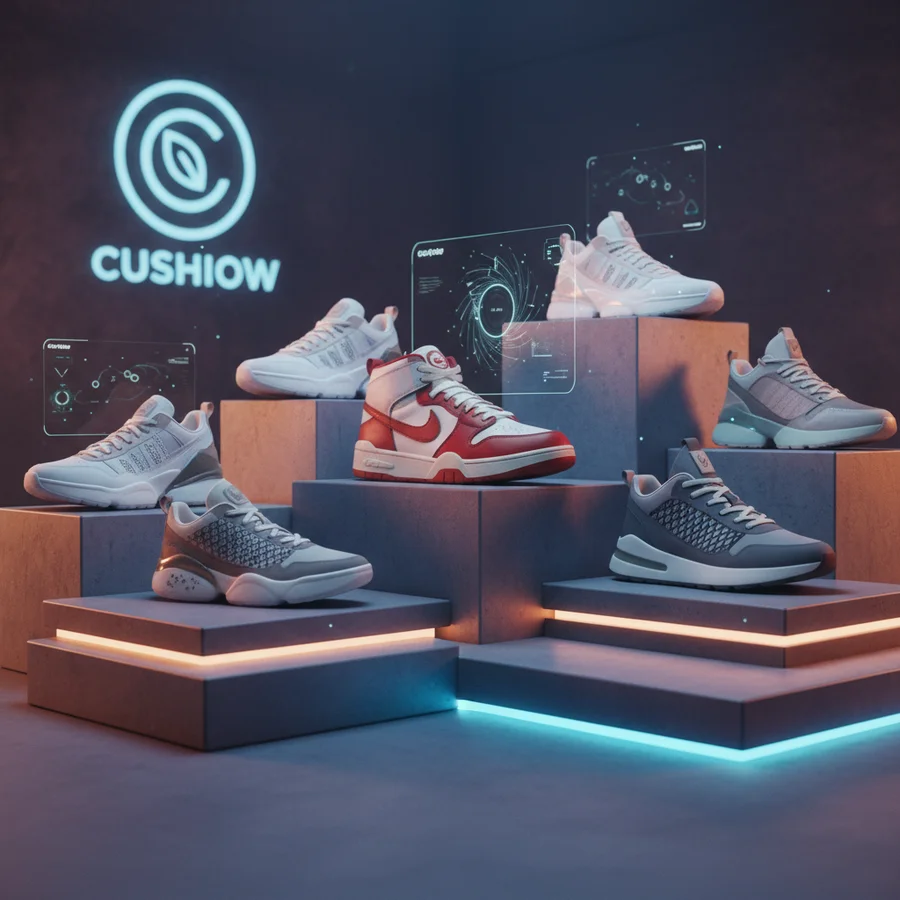 A stylized image representing Cushiow's curated selection of premium comfort sneakers.