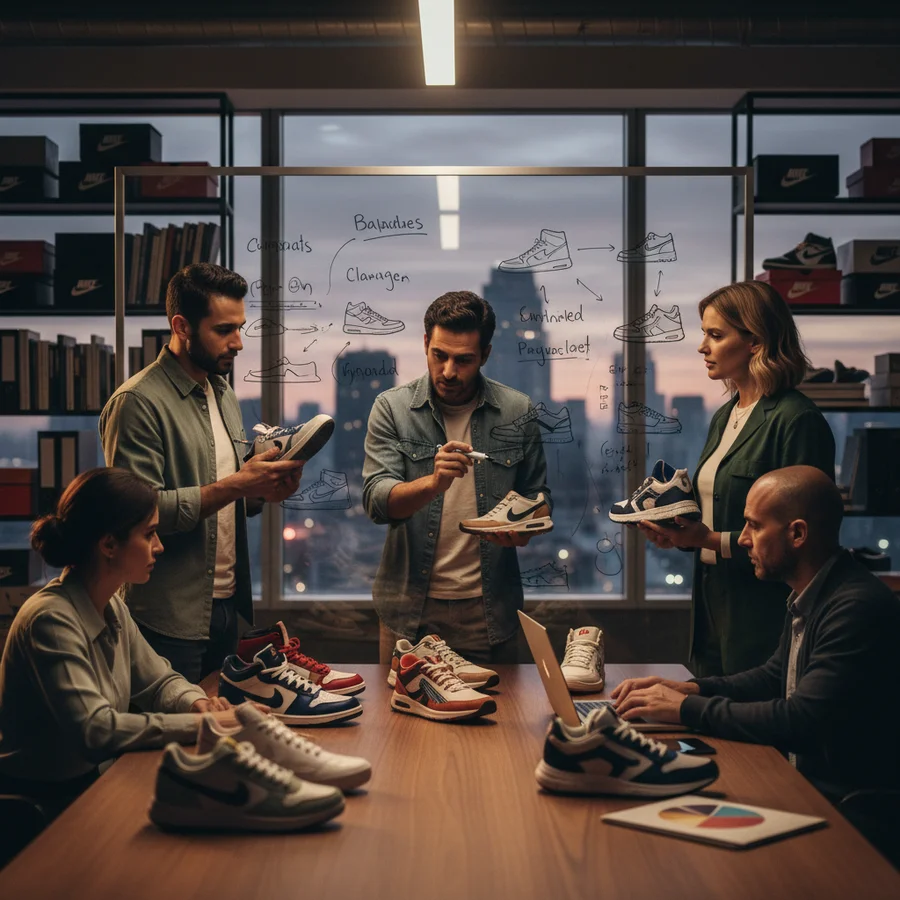 A team of diverse individuals collaboratively discussing sneakers on a whiteboard