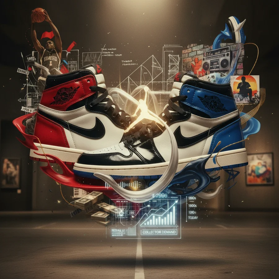 Abstract depiction of sneaker design elements, highlighting color, pattern, and history.