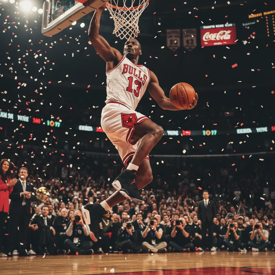 Action shot of Michael Jordan wearing Air Jordan sneakers during a championship game.