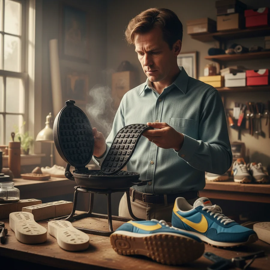 Nike's Impact on Sport and Fashion 1 An illustration of Bill Bowerman's famous waffle iron experiment that led to the Waffle Trainer outsole, symbolizing early Nike innovation.