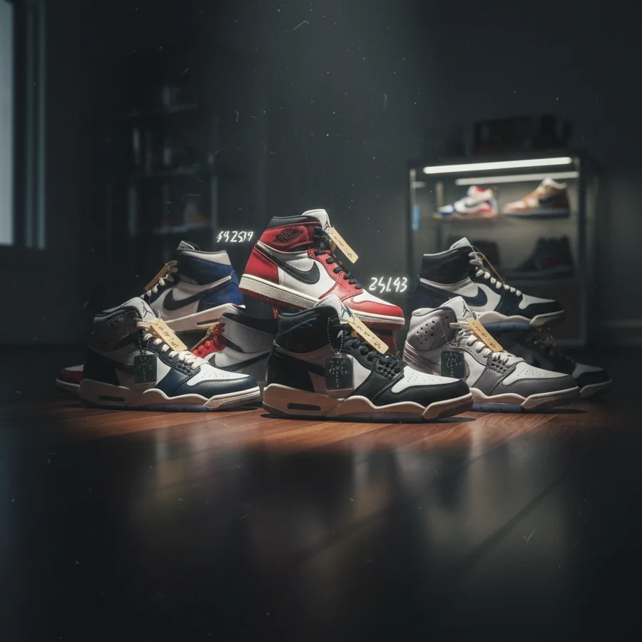 Arrangement of various highly sought-after Jordan sneakers, some with visible price tags reflecting their aftermarket value.