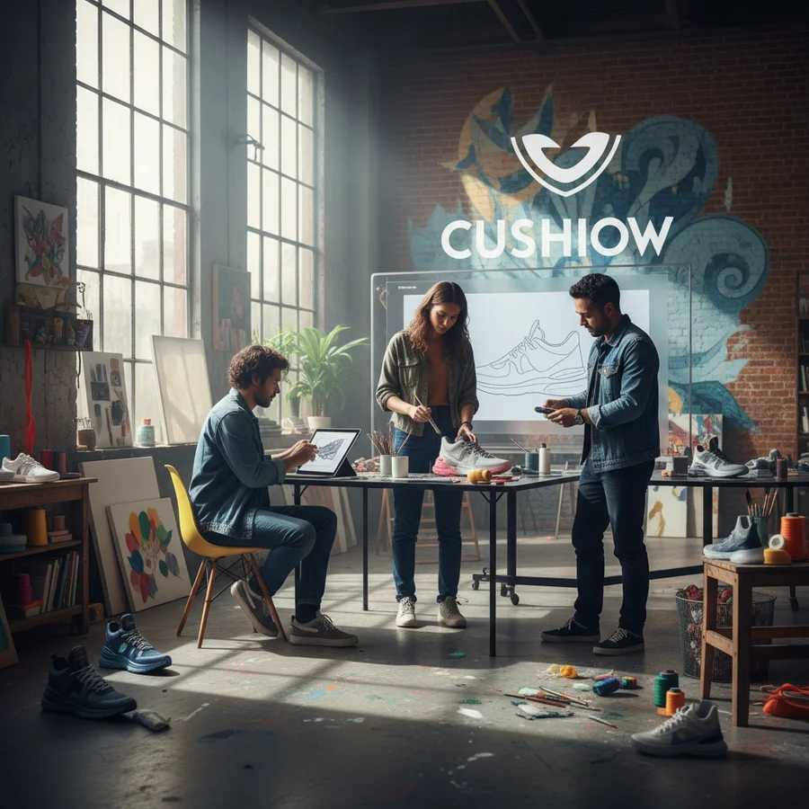 Artists collaborating on a shoe design, representing Cushiow's visionary partnerships