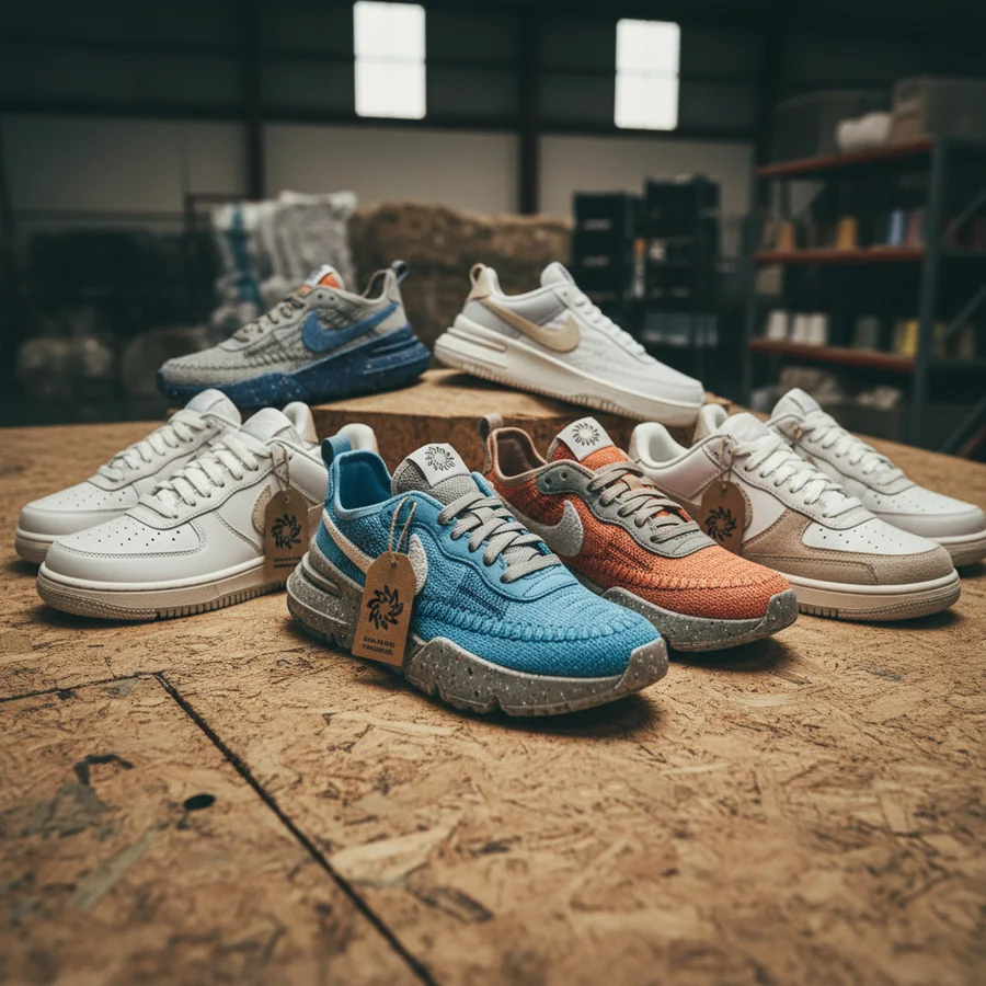 Assortment of sustainable Nike sneakers like Space Hippie and Next Nature models, emphasizing recycled content