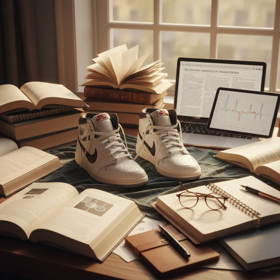 Books, research papers, and scholarly journals on a desk alongside a pair of sneakers, symbolizing academic study and validation of sneaker culture.