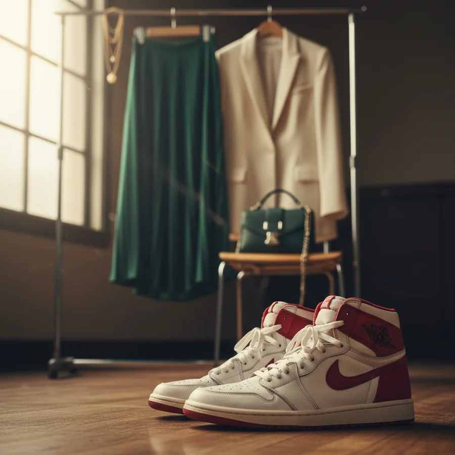 Classic Air Jordan sneakers with a modern woman's outfit in the background, symbolizing the past and present of Jordan women shoes