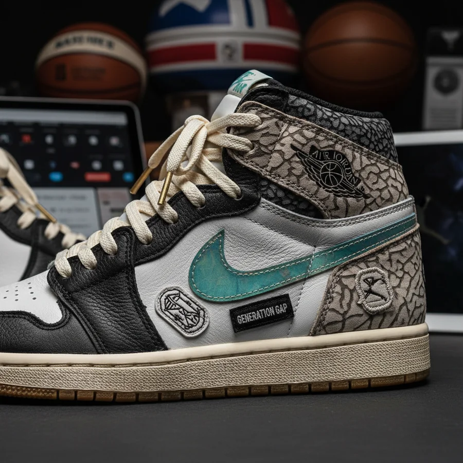 Close-up of a collaborative Air Jordan sneaker, showcasing unique design elements.