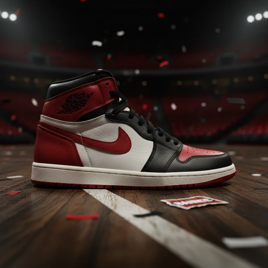 Close-up of the iconic Air Jordan 1 Bred sneaker, symbolizing defiance