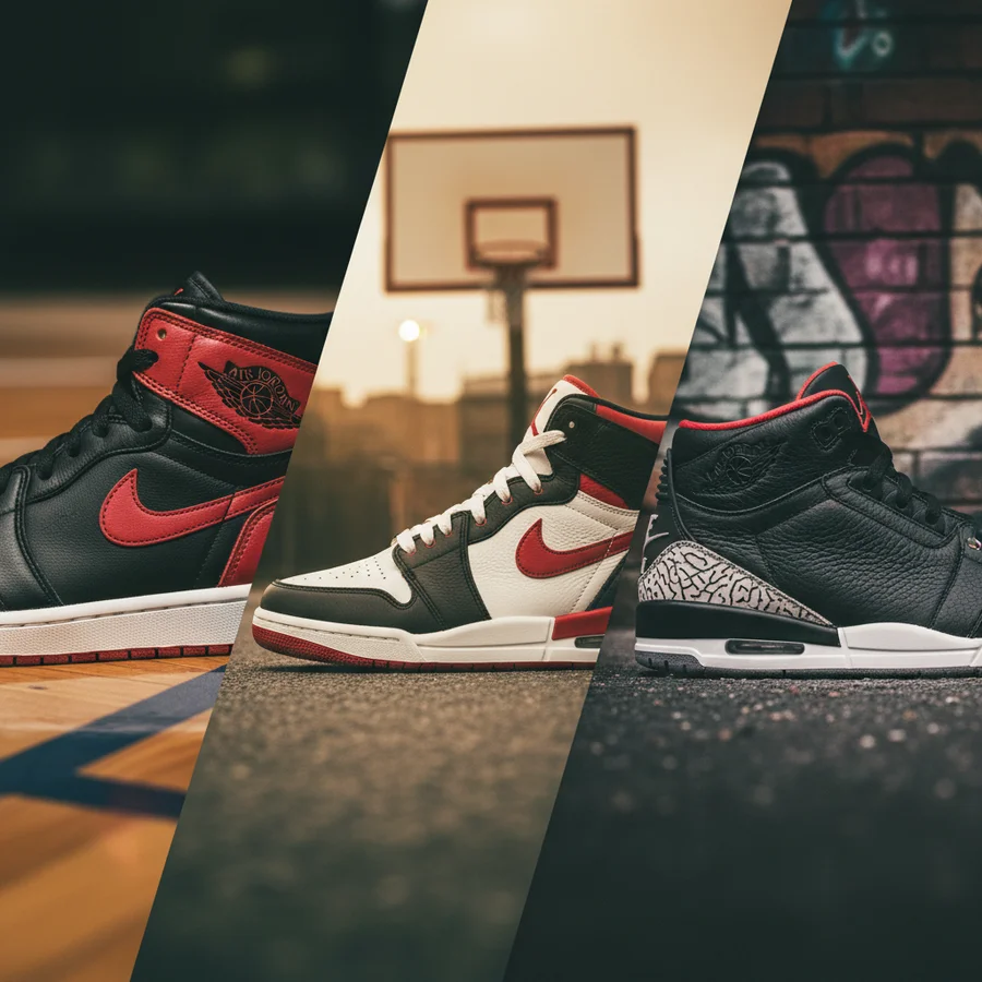 Collage of early Air Jordan models 1, 2, and 3 showcasing their iconic initial colorways.