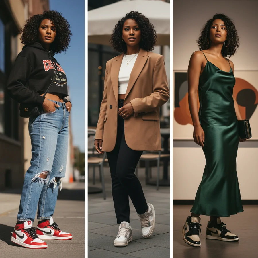 Collage showing a woman styling Jordan sneakers with various outfits, from casual to smart-casual and elegant