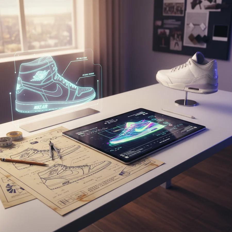 Conceptual image of a designer's desk with sneaker sketches, blending elements of vintage blueprints and modern digital renders.