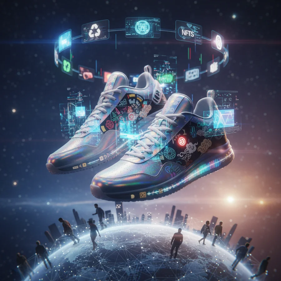 Conceptual image of sneakers with holographic elements and diverse cultural motifs