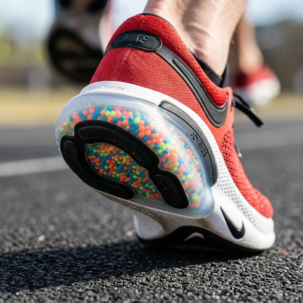 A detailed macro shot showing the heel cushioning system of a Nike Joyride shoe. The focus is on the transparent pod filled with brightly colored microbeads shifting to absorb impact.