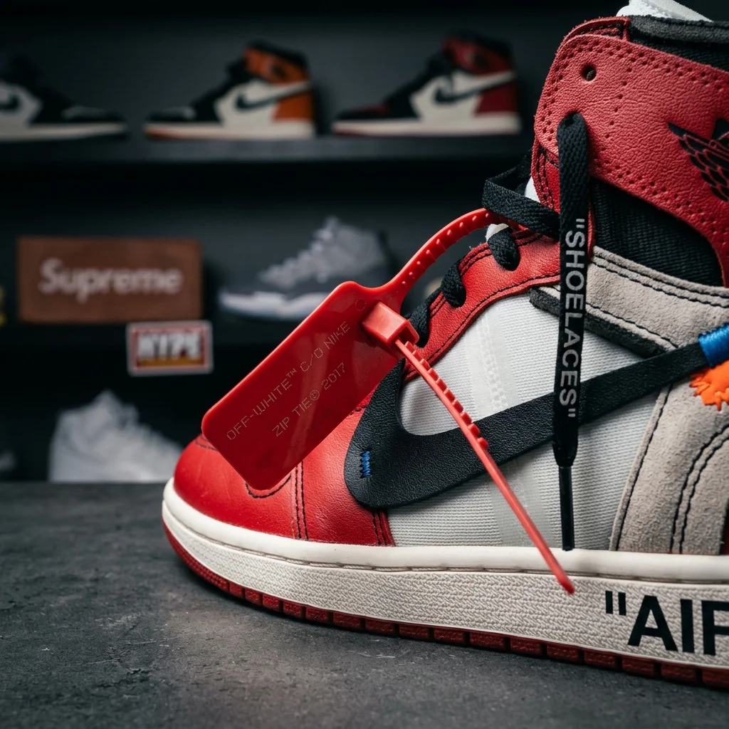 Close up detailed shot of a Nike Off-White sneaker focusing on the signature zip-tie and quotation mark text detailing