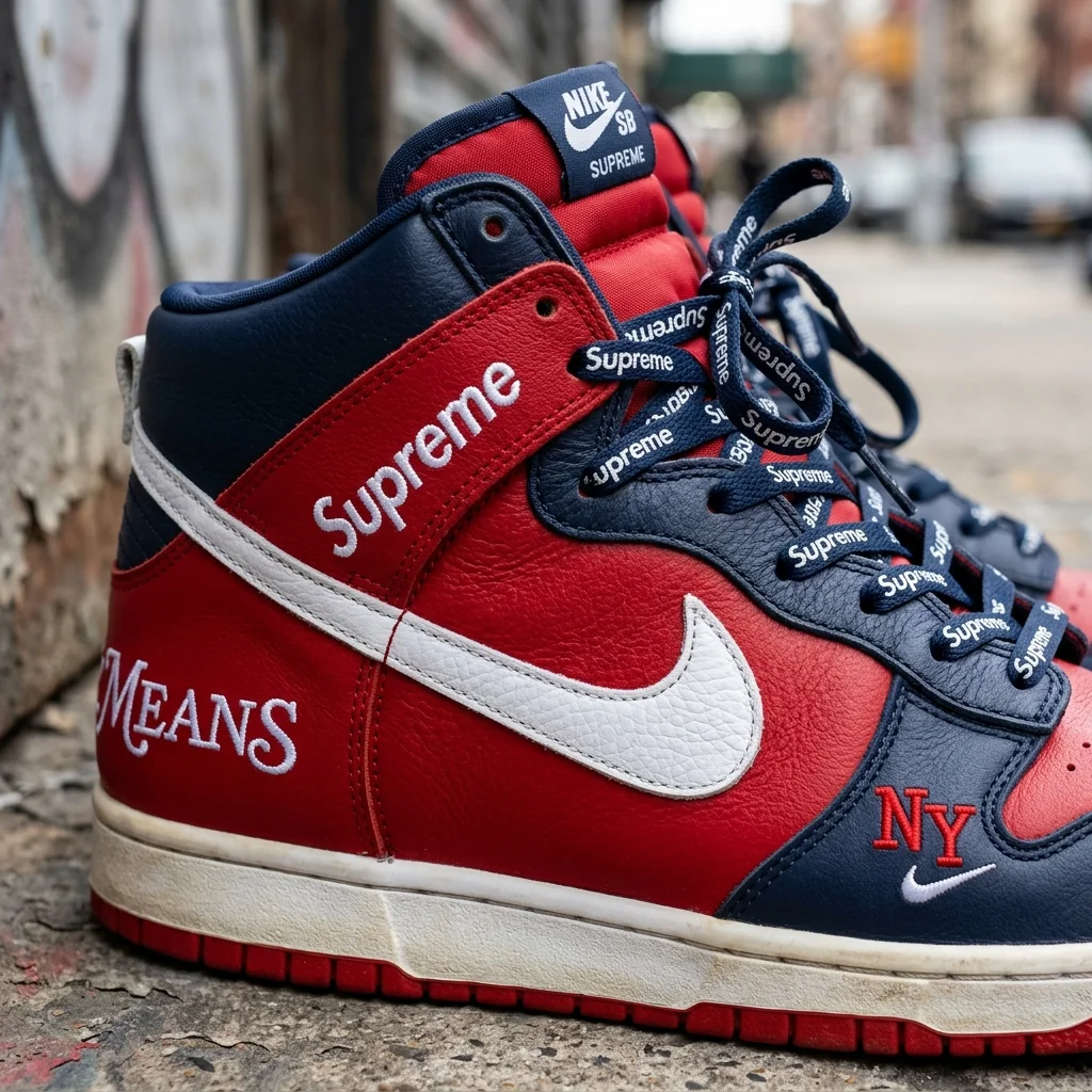 Best Nike Supreme Collaborations 1 A detailed, photorealistic close-up of a Nike Supreme sneaker showcasing the distinctive Supreme branding and Nike swoosh, highlighting the premium materials and streetwear aesthetic.