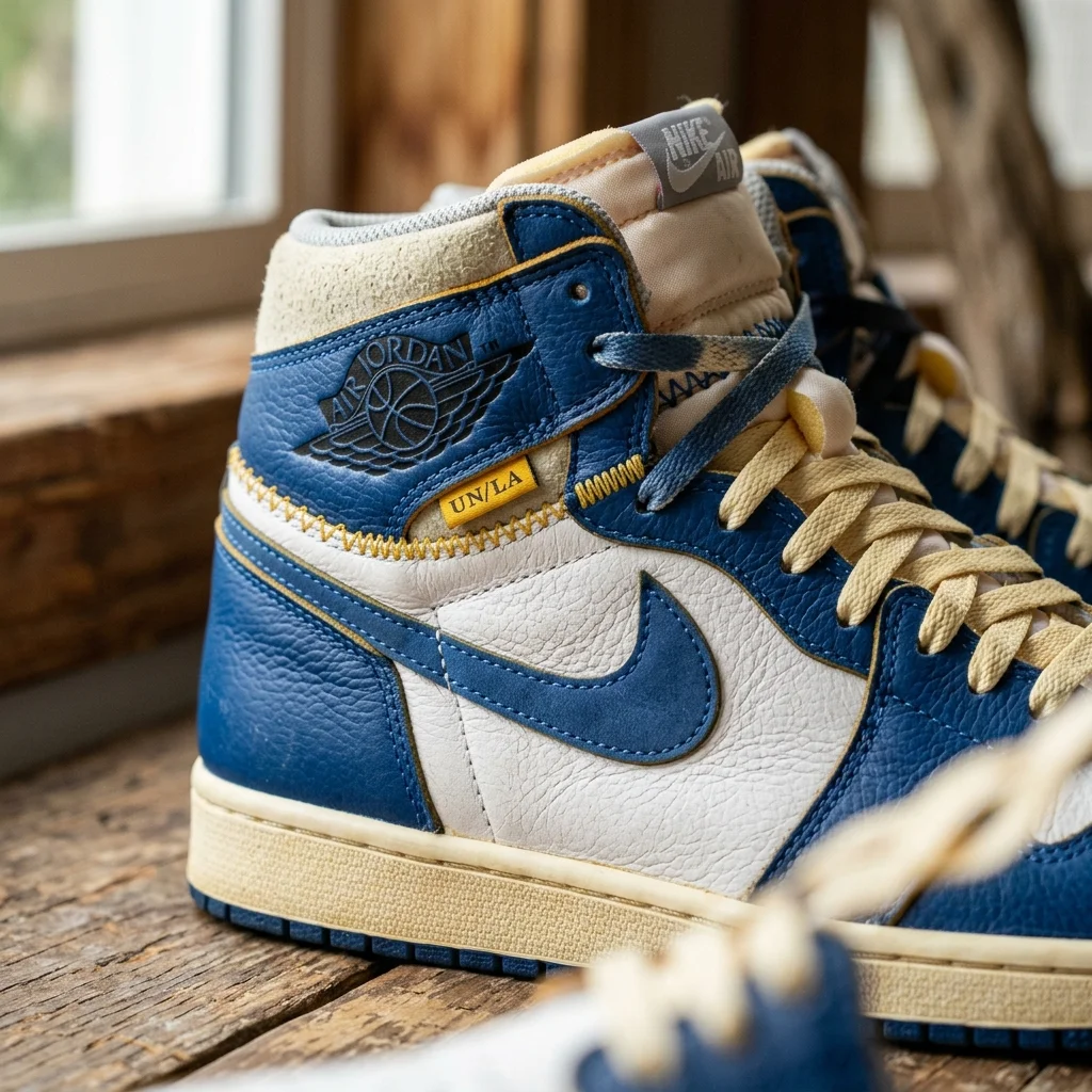 A detailed, photorealistic close-up of a Union LA Air Jordan sneaker, highlighting the exquisite craftsmanship, exposed stitching, and premium materials that blend modern and vintage styles.