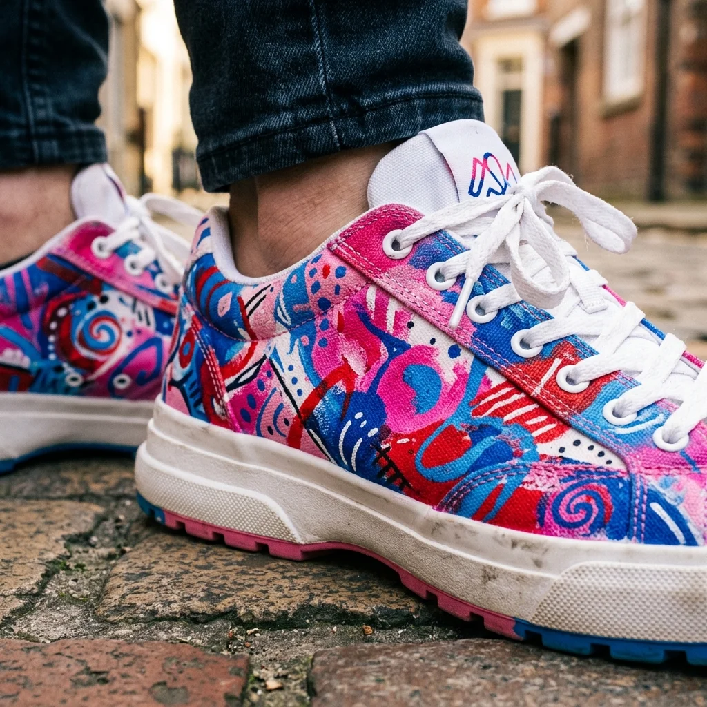 Detailed shot of sneaker patterns with bold pink, blue, and red abstract designs, showing artistic flair