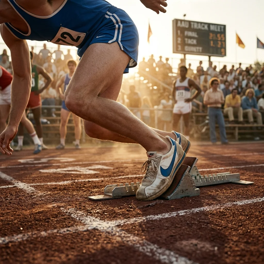 Early 1970s track and field setting with vintage running shoes highlighting the athletic origins of the Nike brand