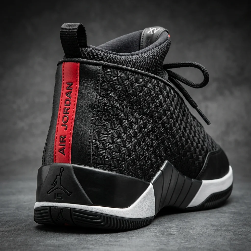 Air Jordan 15 The Complete History 1 Detailed close up of the Air Jordan 15 sneaker highlighting the woven upper and the Prada-inspired red stripe down the heel, studio lighting.