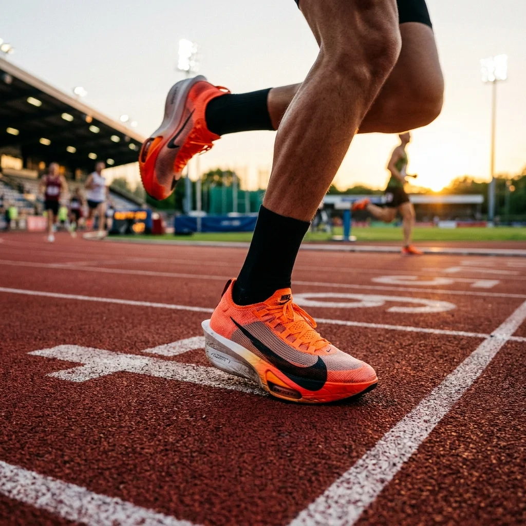 Sleek modern Nike performance running shoe with Zoom Air cushioning on a red running track