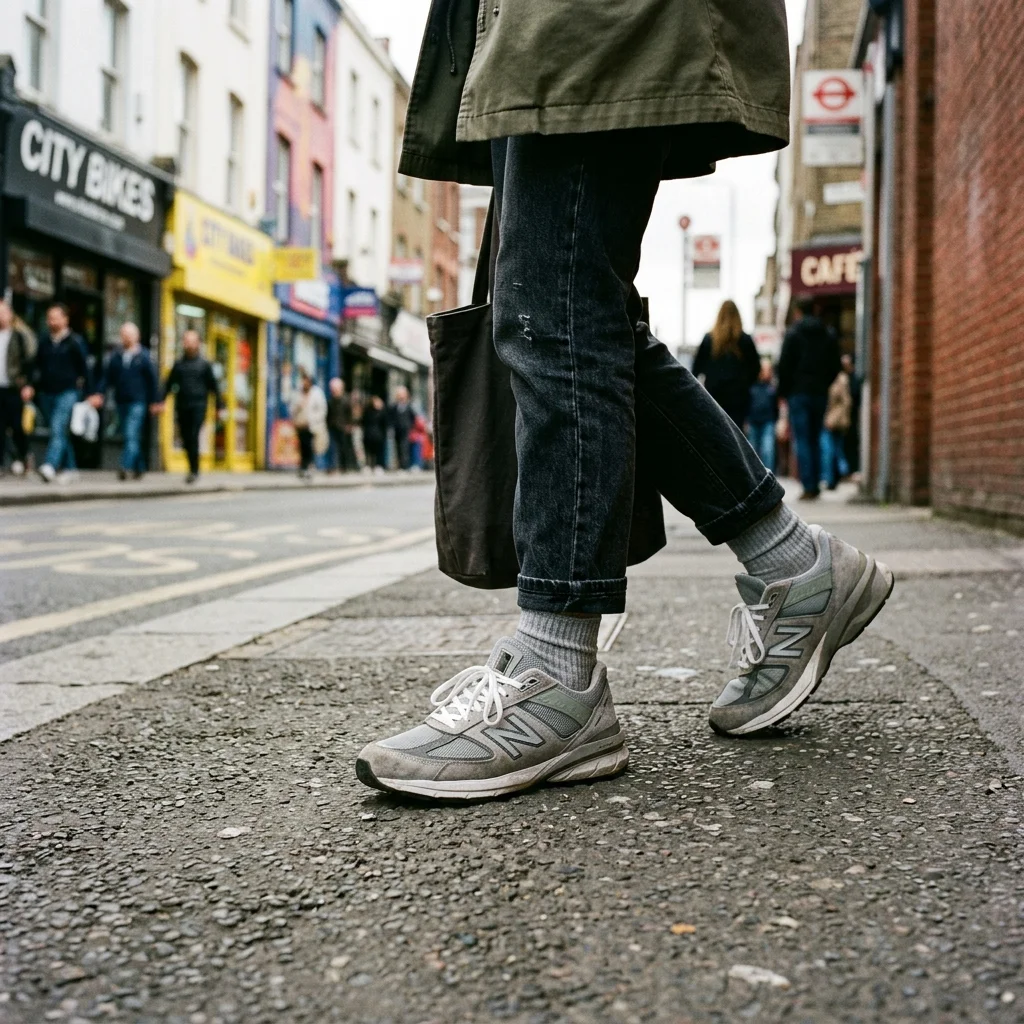 Close-up of a person wearing New Balance 990 series sneakers