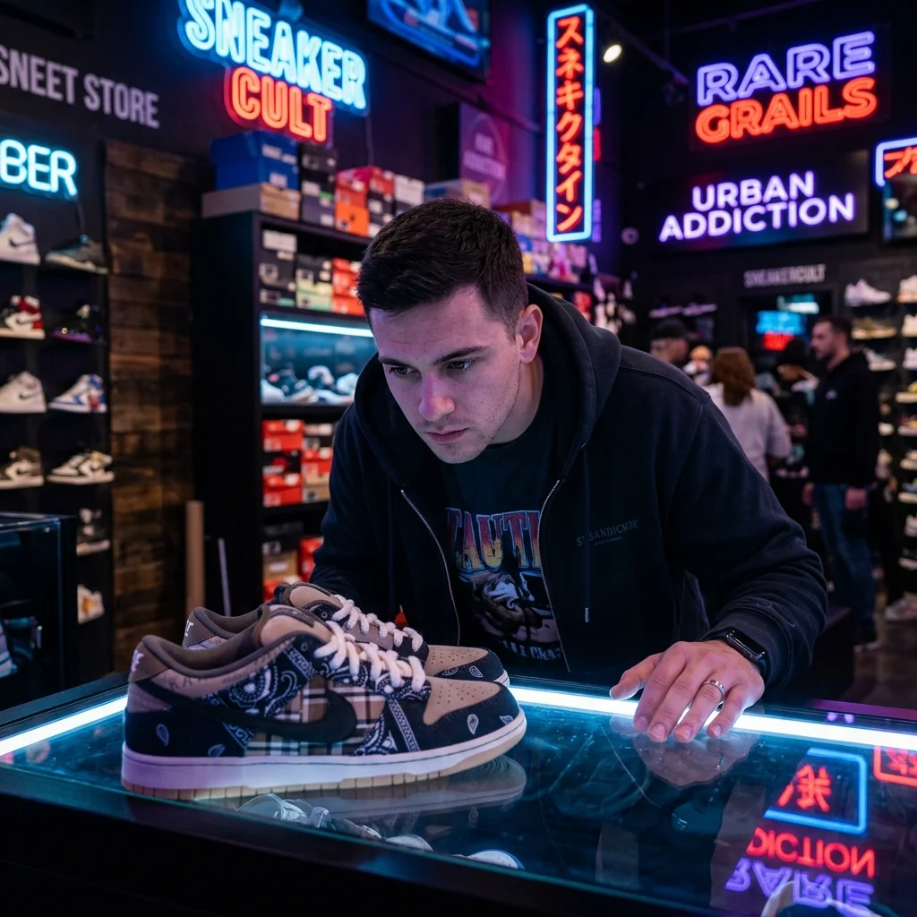 A person staring thoughtfully at a rare sneaker, glowing neon lights, reflecting deep addiction and passion for footwear, photorealistic, 8k.