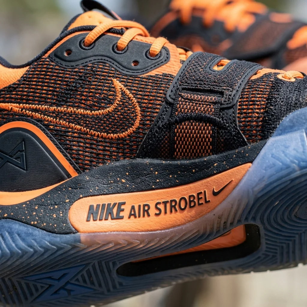 Detailed close-up shot of the Nike Air strobel and upper materials of the Nike PG basketball shoe, highlighting the texture and design, crisp lighting.