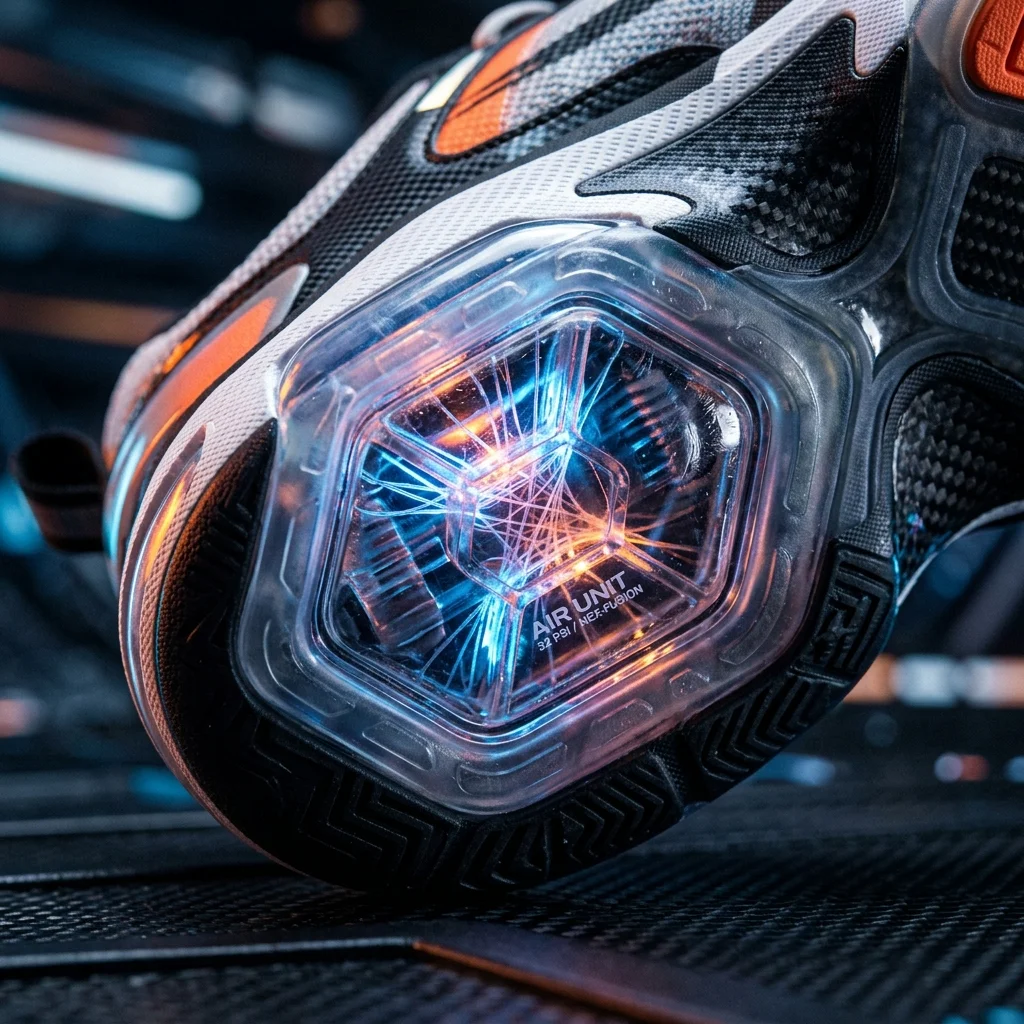 Close-up macro of a transparent air cushion bubble in the sole of a running sneaker