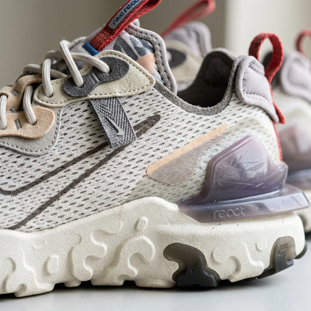 Macro close-up shot of the layered textures and plush React foam on the Nike React Vision sneakers